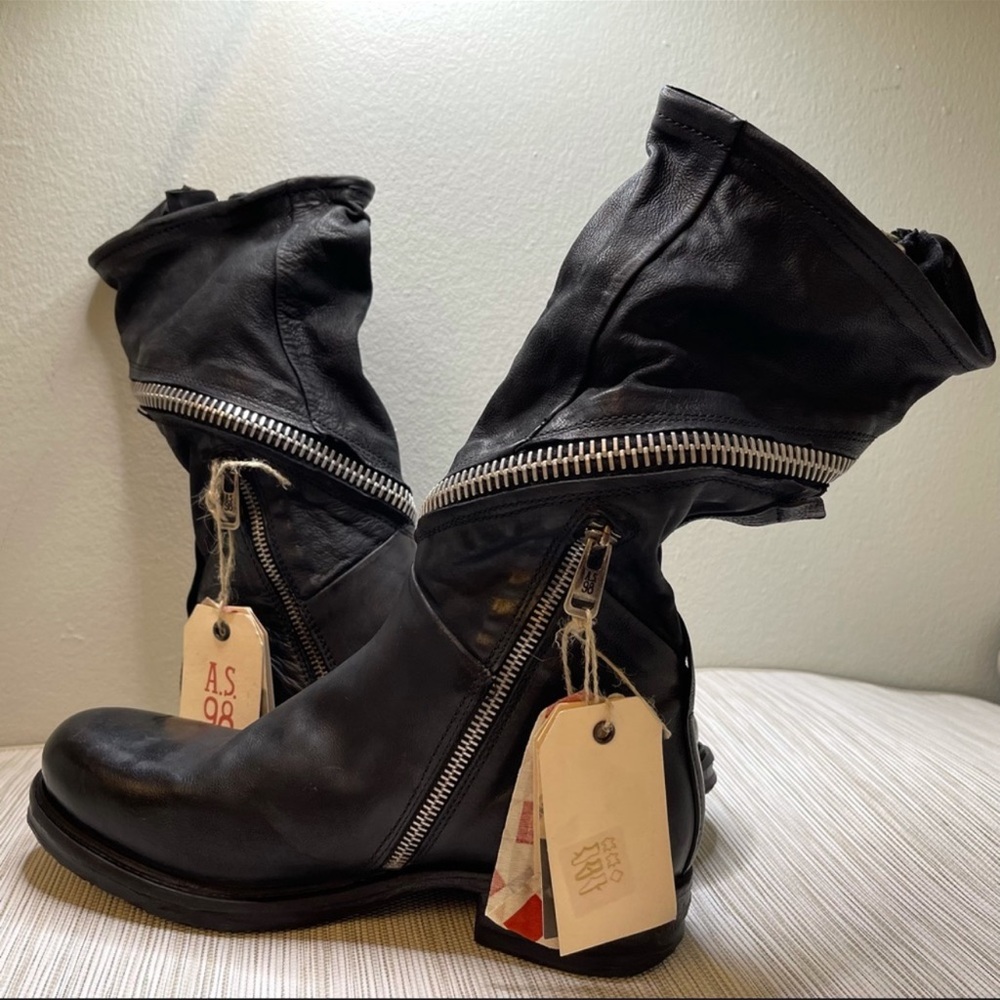 A.S.98 Black Leather Mid-Calf Moto Boots with Silver Zippers - Picture 3 of 16